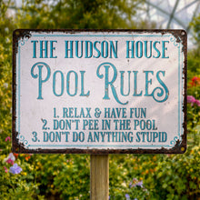 Load image into Gallery viewer, Personalized Metal Pool Rules Sign Custom Family Name Gift