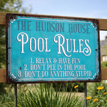 Load image into Gallery viewer, Personalized Metal Pool Rules Sign Custom Family Name Gift