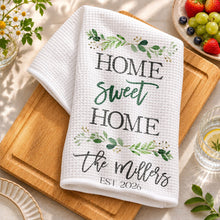 Load image into Gallery viewer, Personalized Kitchen Towel Custom Family Name Greenery Gift