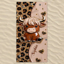 Load image into Gallery viewer, Personalized Highland Cow Leopard Print Beach Towel Gift