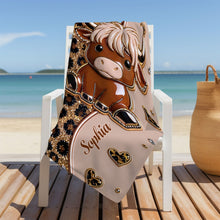 Load image into Gallery viewer, Personalized Highland Cow Leopard Print Beach Towel Gift