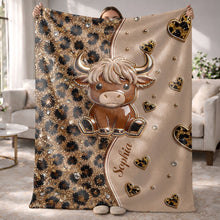 Load image into Gallery viewer, Personalized Highland Cow Blanket with Hearts Custom Gift for Animal Lovers