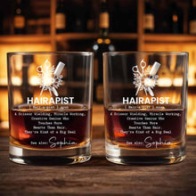 Load image into Gallery viewer, Personalized Custom Whiskey Glass for Hair Stylist Gift Idea
