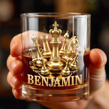 Load image into Gallery viewer, Personalized Gold Chess Design Whiskey Glass Custom Name Gift for Dad