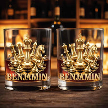 Load image into Gallery viewer, Personalized Gold Chess Design Whiskey Glass Custom Name Gift for Dad