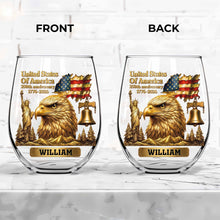 Load image into Gallery viewer, Personalized 15oz Stemless Wine Glass Eagle Flag Gift for Dad