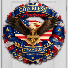 Load image into Gallery viewer, Custom Shaped Wood Sign with Eagle, American Flag & Cross - Personalized Family Gift for 4th of July