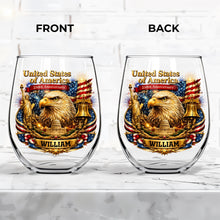 Load image into Gallery viewer, Personalized Stemless Wine Glass USA Flag Custom Name Gift
