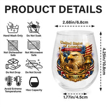 Load image into Gallery viewer, Personalized Stemless Wine Glass USA Flag Custom Name Gift