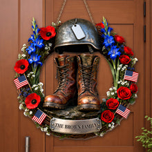 Load image into Gallery viewer, Personalized Military Helmet Combat Boots Wood Sign Family Name Gift