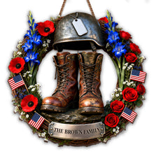 Load image into Gallery viewer, Personalized Military Helmet Combat Boots Wood Sign Family Name Gift