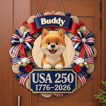 Load image into Gallery viewer, Personalized Dog Wreath Wall Sign Custom Name USA Flag Gift