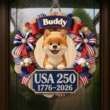 Load image into Gallery viewer, Personalized Dog Wreath Wall Sign Custom Name USA Flag Gift