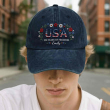 Load image into Gallery viewer, Personalized Washed Denim Cap USA Flag Gift for Independence Day