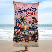 Load image into Gallery viewer, Personalized Beach Towel Custom Name Eagle Fireworks Gift