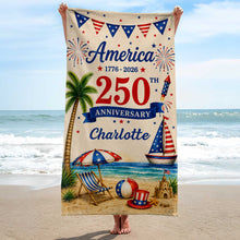 Load image into Gallery viewer, Personalized Beach Towel Custom Name Patriotic 4th of July Gift