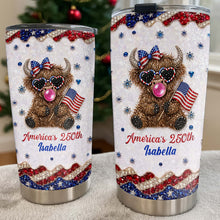 Load image into Gallery viewer, Personalized Highland Cow Tumbler with American Flag 4th of July Gift