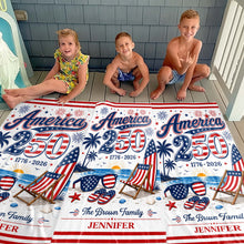 Load image into Gallery viewer, Personalized USA Flag Beach Towel Custom Family Name Gift