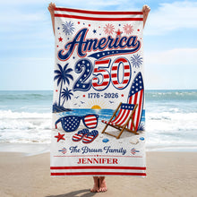 Load image into Gallery viewer, Personalized USA Flag Beach Towel Custom Family Name Gift