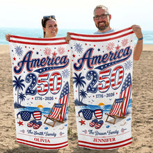 Load image into Gallery viewer, Personalized USA Flag Beach Towel Custom Family Name Gift
