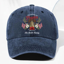 Load image into Gallery viewer, Personalized Washed Denim Cap Custom Family Name 4th of July Gift