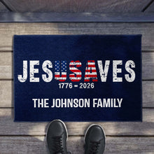 Load image into Gallery viewer, Personalized Jesus Saves USA Flag Family Name Doormat