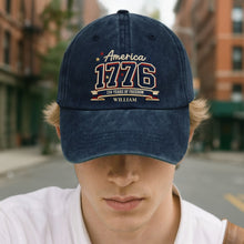 Load image into Gallery viewer, Personalized Washed Denim Cap Custom Name American Flag Gift for Dad