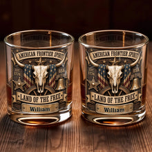 Load image into Gallery viewer, Personalized Whiskey Glass Custom Name Steer Skull Patriotic Gift