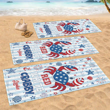 Load image into Gallery viewer, Personalized Crab Beach Towel Custom Name Patriotic Gift