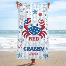 Load image into Gallery viewer, Personalized Crab Beach Towel Custom Name Patriotic Gift