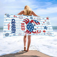 Load image into Gallery viewer, Personalized Crab Beach Towel Custom Name Patriotic Gift