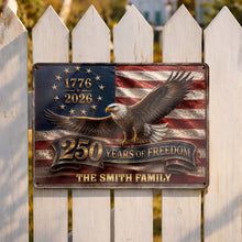 Load image into Gallery viewer, Personalized Metal Sign Custom Family Name Bald Eagle USA Flag Gift