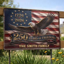 Load image into Gallery viewer, Personalized Metal Sign Custom Family Name Bald Eagle USA Flag Gift