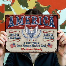 Load image into Gallery viewer, Personalized Metal Sign Custom Family Name Eagle 4th of July Gift