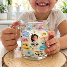 Load image into Gallery viewer, Personalized Kids Glass Mug Custom Dinosaurs Affirmation Gift