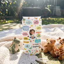 Load image into Gallery viewer, Personalized Kids Water Bottle with Straw Custom Name Dinosaur Design