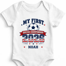 Load image into Gallery viewer, Personalized Baby Onesie My First Soccer Championship Gift