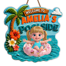 Load image into Gallery viewer, Personalized Custom Shaped Wood Sign Tropical Flower Poolside Decor