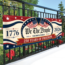 Load image into Gallery viewer, Personalized Patriotic Banner Custom Family Name 250 Years USA