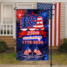 Load image into Gallery viewer, Personalized Family Name Garden Flag USA 250th Anniversary Gift