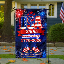 Load image into Gallery viewer, Personalized Family Name Garden Flag USA 250th Anniversary Gift