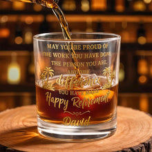 Load image into Gallery viewer, Personalized Custom Whiskey Glass with Palm Trees Gift for Retirement