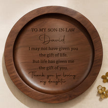 Load image into Gallery viewer, Personalized Round Walnut Wood Ring Dish Custom Name for Son-In-Law