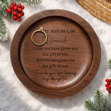Load image into Gallery viewer, Personalized Round Walnut Wood Ring Dish Custom Name for Son-In-Law