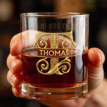 Load image into Gallery viewer, Personalized Custom Whiskey Glass with Filigree Monogram for Son-in-Law