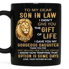 Load image into Gallery viewer, Personalized Black Mug Gift for Son-in-Law Custom Lion Design