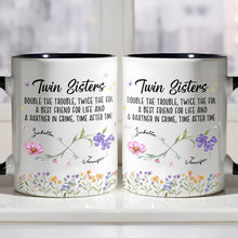 Load image into Gallery viewer, Personalized Accent Mug Birth Month Flowers Infinity Symbol Gift for Sisters