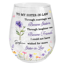 Load image into Gallery viewer, Personalized Stemless Wine Glass Custom Birth Month Flowers Gift for Sister-in-Law
