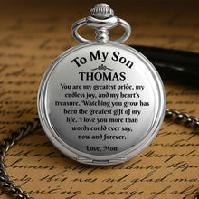 Load image into Gallery viewer, Personalized Engraved Silver Plated Pocket Watch Gift for Son
