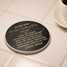 Load image into Gallery viewer, Personalized Black Marble Ceramic Coaster Gift for Son Wedding Day